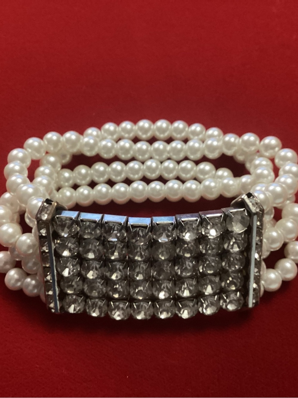 Crystal-Embellished White Pearl Multi-Strand Bracelet